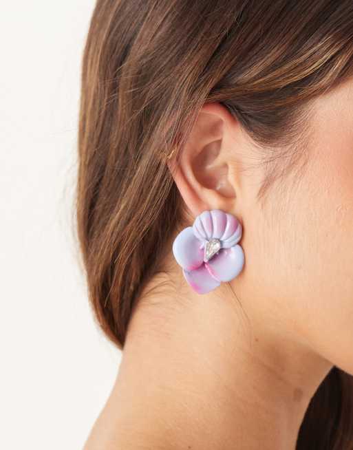 DESIGN Stud Earrings With Floral Design And Faux Crystal Centre In Purple Tone