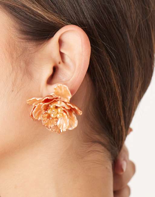 DESIGN Stud Earrings With Flower Design In Orange