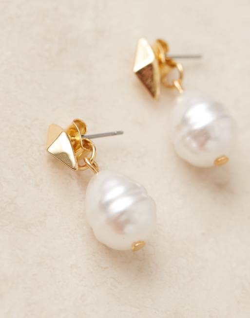 DESIGN Stud Earrings With Front-to-back Faux Pearl Design In Gold Tone