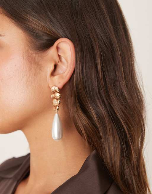 DESIGN Stud Earrings With Molten Drops And Faux Pearl Detail