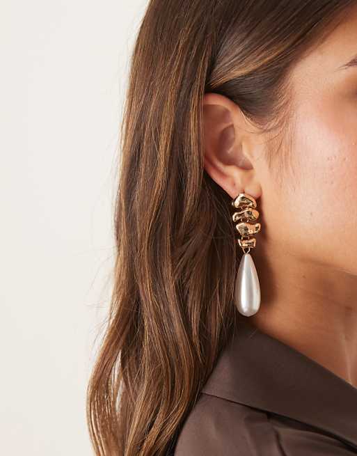 DESIGN stud earrings with molten drops and faux pearl detail