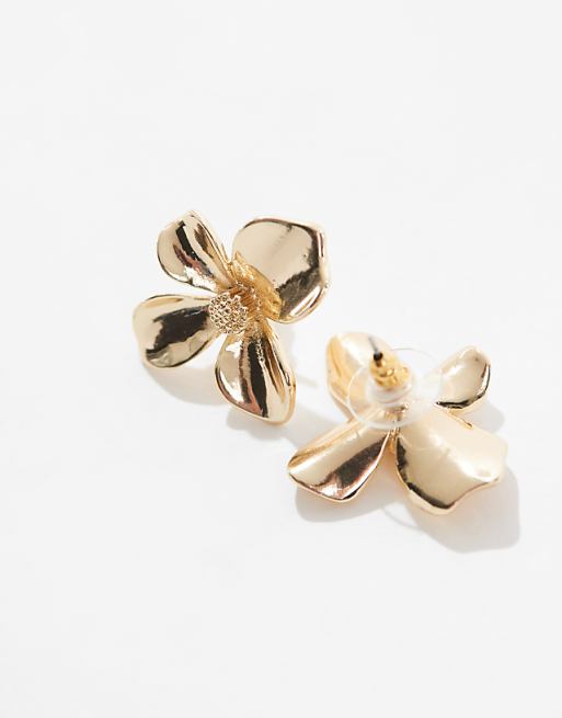 DESIGN Stud Earrings With Small Floral Design In Gold Tone