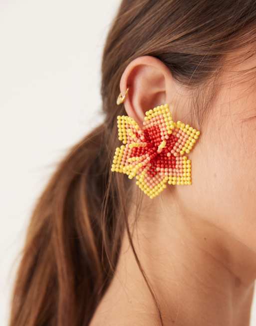 DESIGN Stud Large Flower Earrings In Multi-coloured Beads