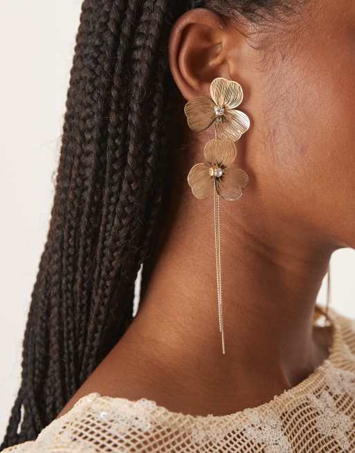 DESIGN Stud Wire Floral Earrings With Chain Drop Tassel In Gold Tone