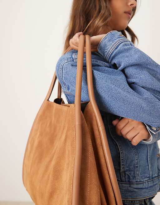 DESIGN Suede Tubular Tote Bag In Tan