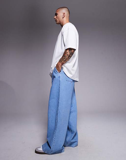 DESIGN Super Baggy Jean With Elasticated Waistband & Internal Drawcord In Lightwash