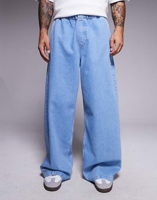 DESIGN Super baggy jean with elasticated waistband & internal drawcord in lightwash