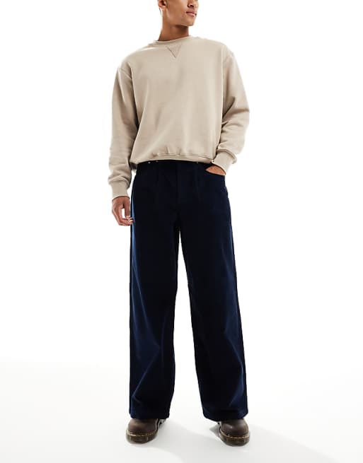 DESIGN Super Baggy Trousers In Navy Corduroy