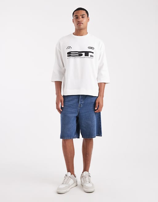 DESIGN Super Heavyweight Boxy Oversized Half Sleeve T-shirt With Sports Graphic In White