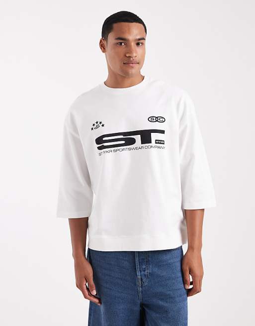 DESIGN super heavyweight boxy oversized half sleeve t-shirt with sports graphic in white