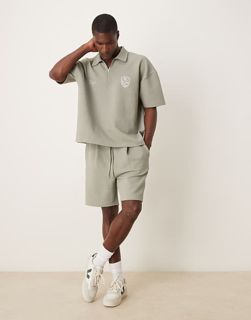 DESIGN Super Heavyweight Boxy Oversized Polo With Dropped Shoulder And Chest Embroidery In Khaki Texture