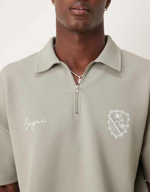 DESIGN Super Heavyweight Boxy Oversized Polo With Dropped Shoulder And Chest Embroidery In Khaki Texture