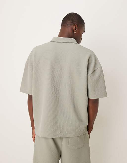 DESIGN Super Heavyweight Boxy Oversized Polo With Dropped Shoulder And Chest Embroidery In Khaki Texture