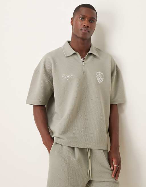 DESIGN super heavyweight boxy oversized polo with dropped shoulder and chest embroidery in khaki texture