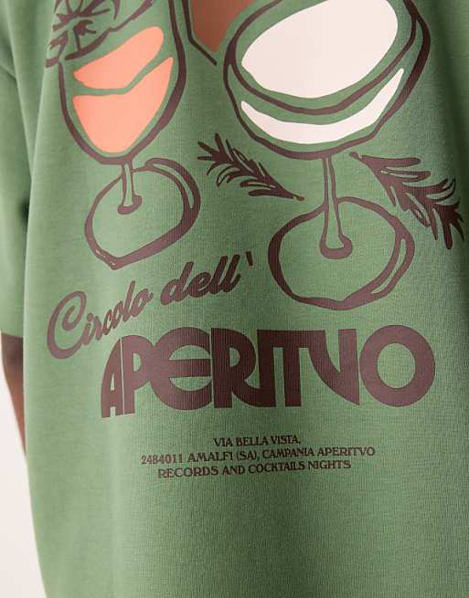DESIGN Super Heavyweight Boxy Oversized T-shirt Ingreen With Drinks Graphic