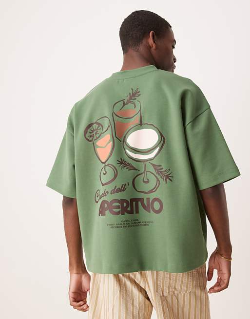 DESIGN super heavyweight boxy oversized t-shirt ingreen with drinks graphic