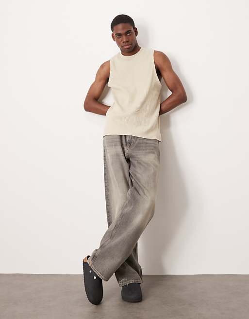 DESIGN Super Heavyweight Crew Neck Tank In Beige Rib
