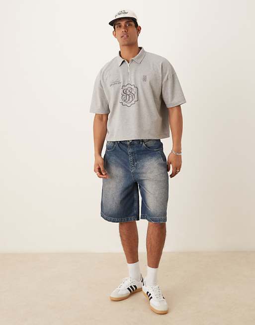 DESIGN Super Heavyweight Cropped Oversized Polo In Grey Marl With Logo Embroidery
