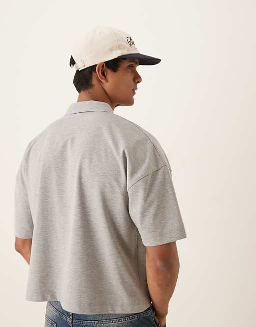 DESIGN Super Heavyweight Cropped Oversized Polo In Grey Marl With Logo Embroidery