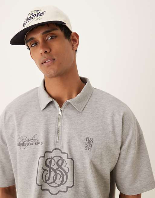 DESIGN Super Heavyweight Cropped Oversized Polo In Grey Marl With Logo Embroidery