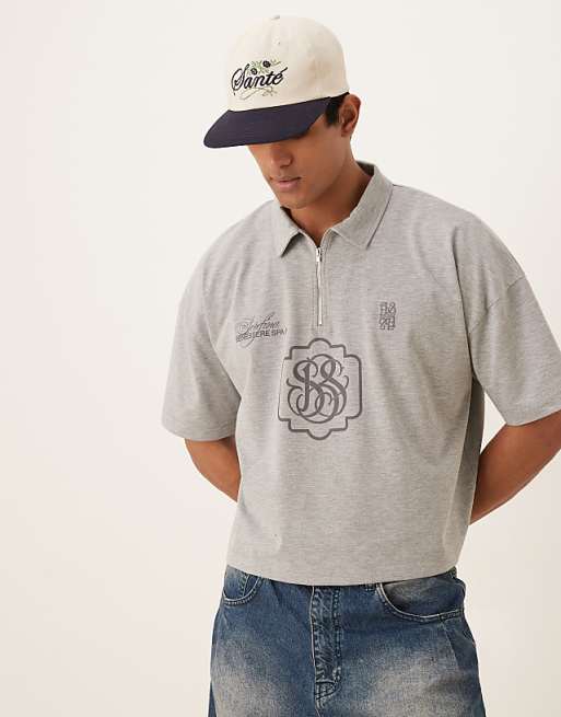 DESIGN super heavyweight cropped oversized polo in grey marl with logo embroidery