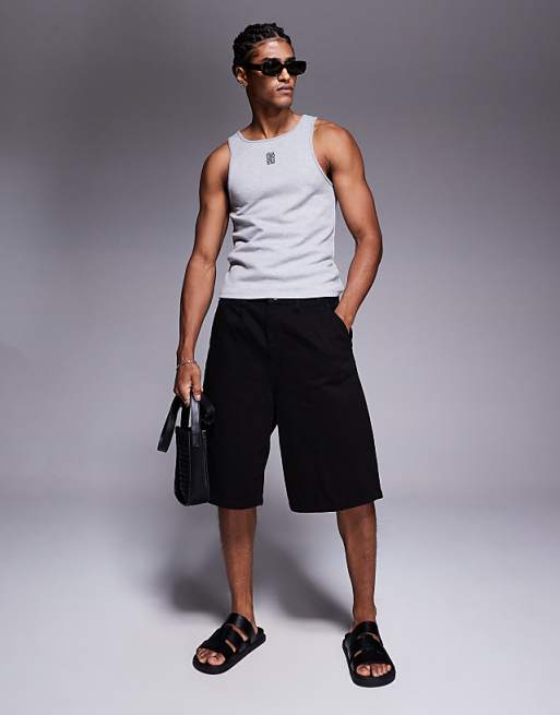 DESIGN Super Heavyweight Muscle Fit High Scoop Vestgrey Marl With Chest Logo Embroidery