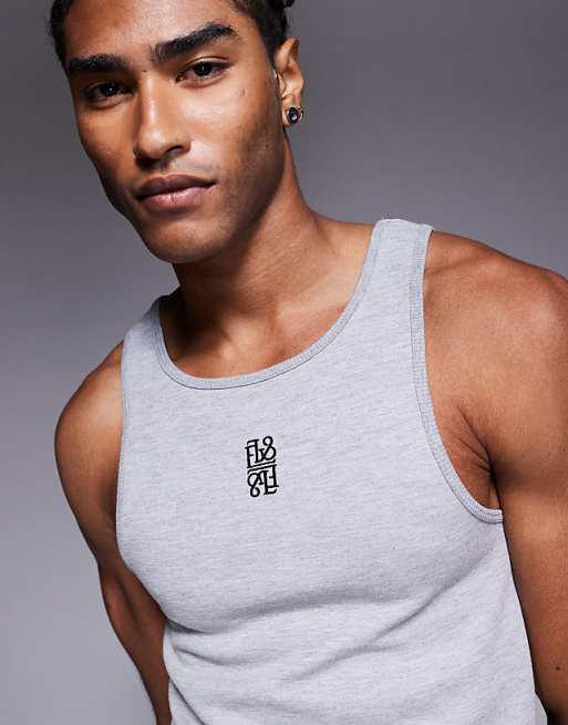 DESIGN Super Heavyweight Muscle Fit High Scoop Vestgrey Marl With Chest Logo Embroidery