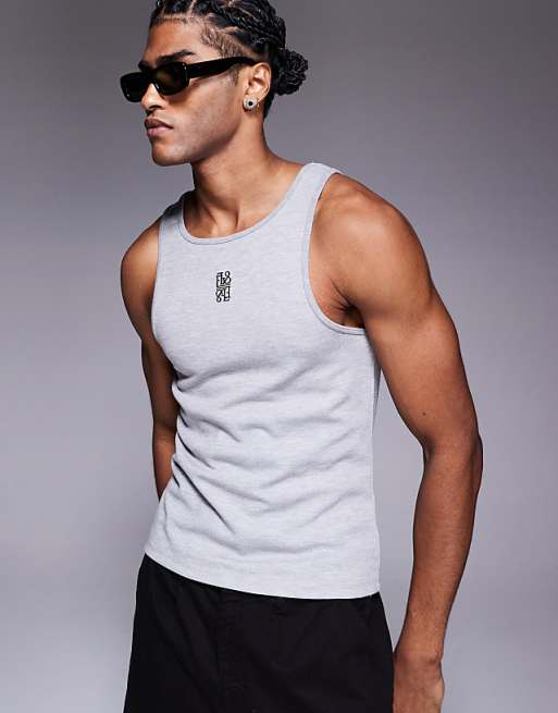 DESIGN super heavyweight muscle fit high scoop vestgrey marl with chest logo embroidery