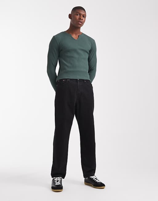 DESIGN Super Heavyweight Muscle Fit Long Sleeve T-shirt With Notch Neck In Dark Green Rib