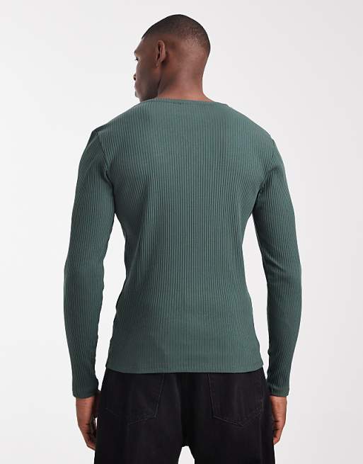 DESIGN Super Heavyweight Muscle Fit Long Sleeve T-shirt With Notch Neck In Dark Green Rib