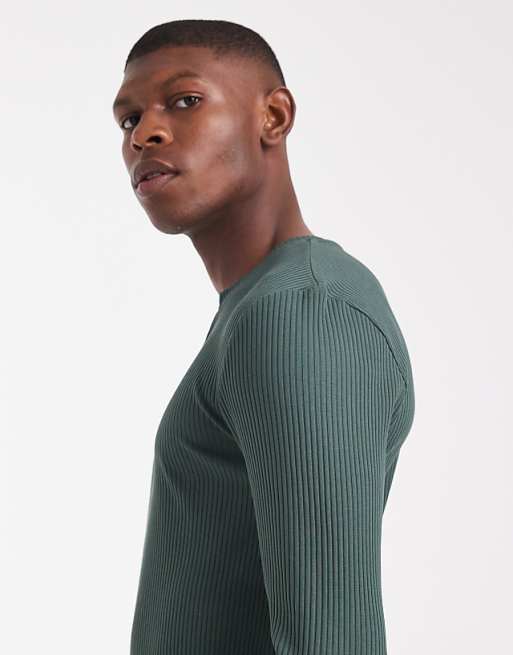 DESIGN Super Heavyweight Muscle Fit Long Sleeve T-shirt With Notch Neck In Dark Green Rib