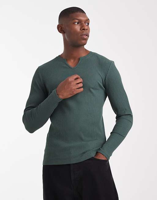 DESIGN super heavyweight muscle fit long sleeve t-shirt with notch neck in dark green rib