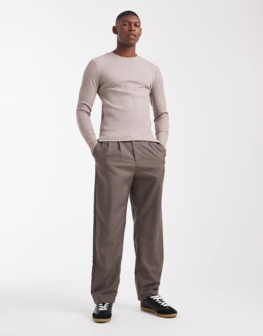 DESIGN Super Heavyweight Muscle Fit Long Sleeve T-shirt In Brown Rib