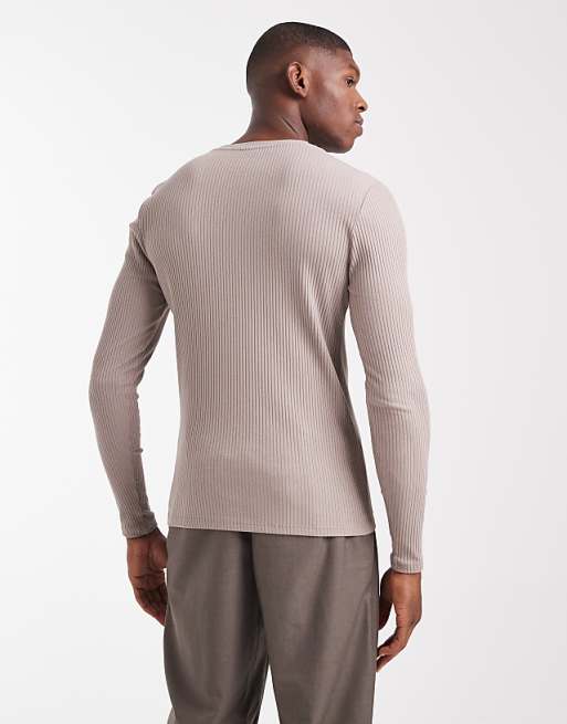 DESIGN Super Heavyweight Muscle Fit Long Sleeve T-shirt In Brown Rib