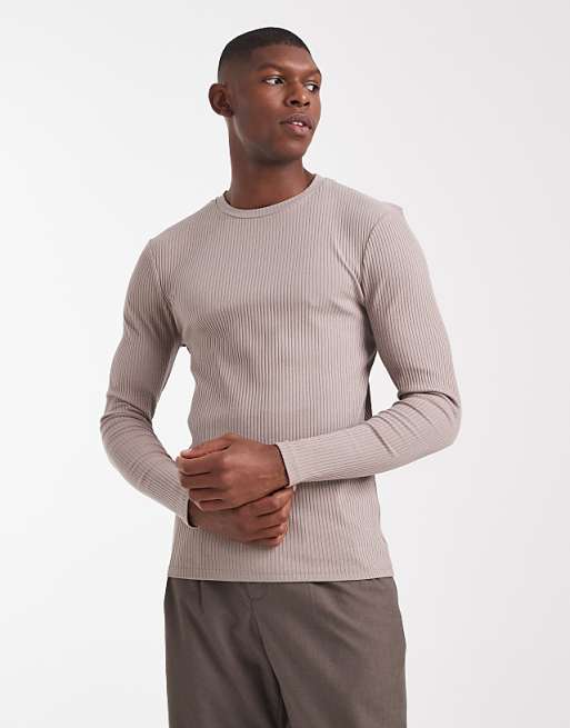 DESIGN super heavyweight muscle fit long sleeve t-shirt in brown rib