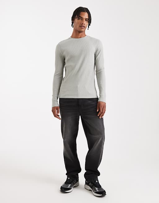 DESIGN Super Heavyweight Muscle Fit Long Sleeve T-shirt In Light Green Rib