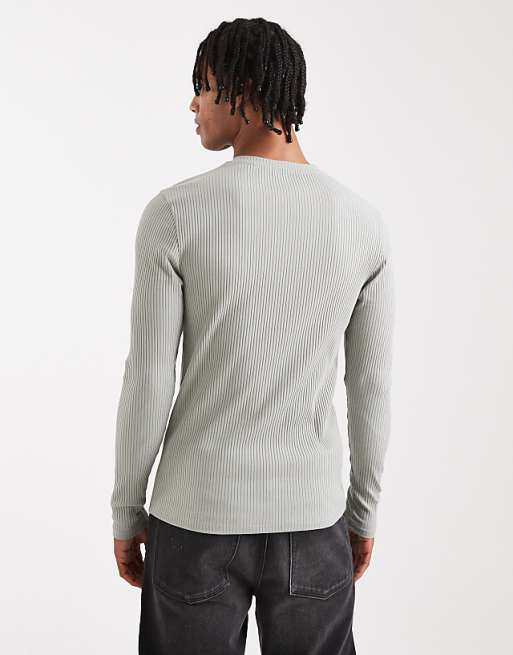 DESIGN Super Heavyweight Muscle Fit Long Sleeve T-shirt In Light Green Rib