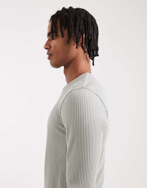 DESIGN Super Heavyweight Muscle Fit Long Sleeve T-shirt In Light Green Rib