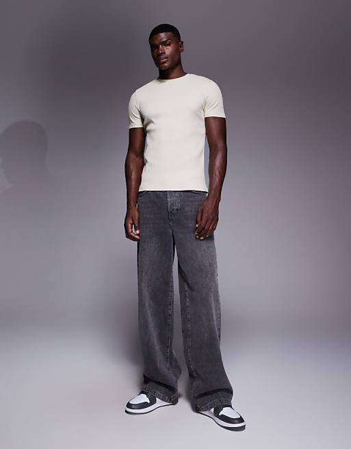 DESIGN Super Heavyweight Muscle Fit T-shirt In Beige Rib