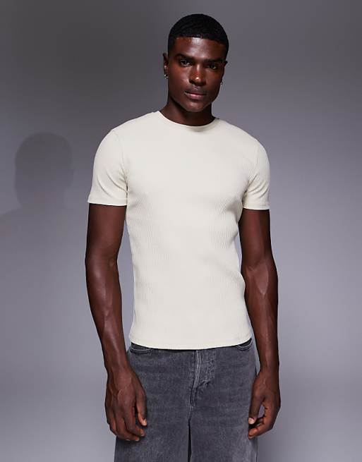 DESIGN super heavyweight muscle fit t-shirt in beige rib