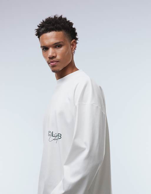 DESIGN Super Heavyweight Premium Oversized Long Sleeve T-shirt With Dropped Shoulder And Text Graphic In White