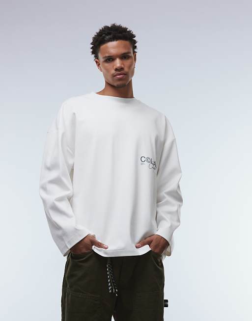 DESIGN super heavyweight premium oversized long sleeve t-shirt with dropped shoulder and text graphic in white