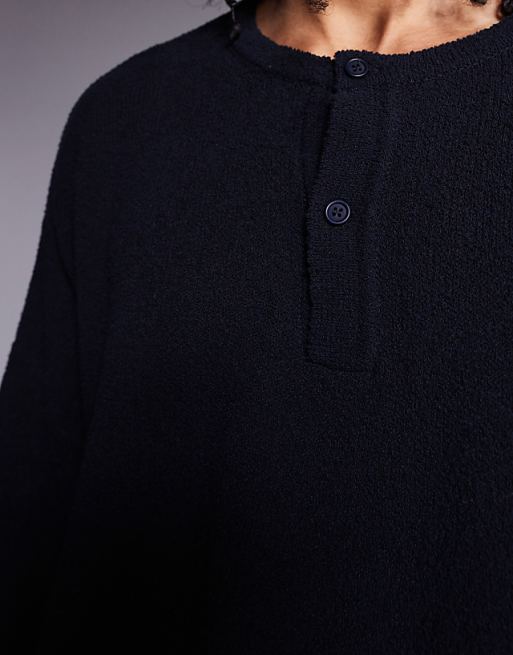 DESIGN Super Oversized Cropped Lightweight Jumper In Knitted Navy Boucle - NAVY