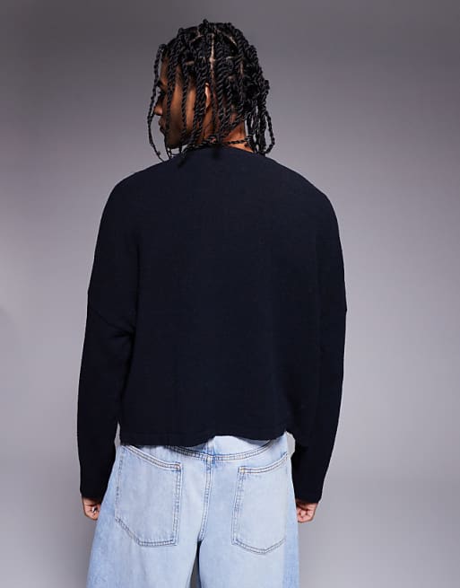 DESIGN Super Oversized Cropped Lightweight Jumper In Knitted Navy Boucle - NAVY