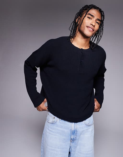 DESIGN Super Oversized Cropped Lightweight Jumper In Knitted Navy Boucle - NAVY