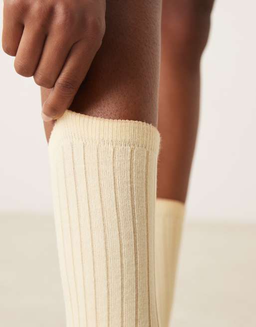 DESIGN Super Soft Cotton Ribbed Socks In Butter Yellow With Pink Trim