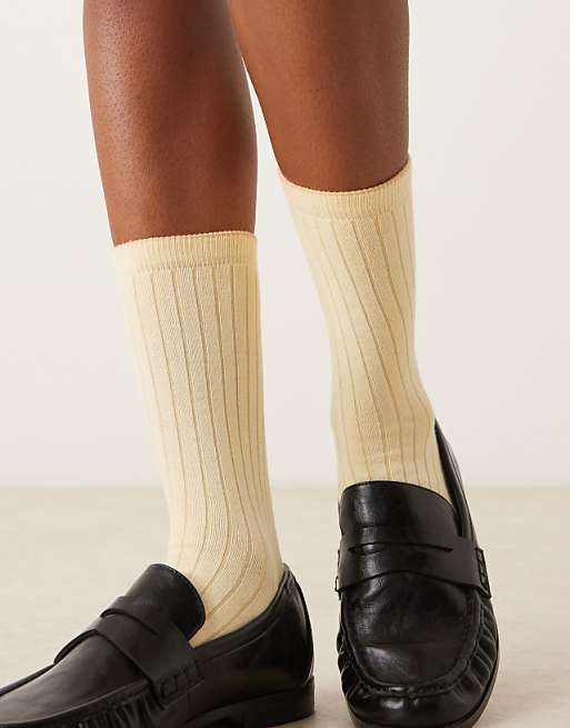 DESIGN super soft cotton ribbed socks in butter yellow with pink trim