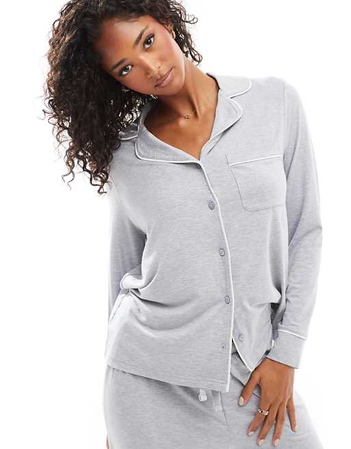 DESIGN Super Soft Long Sleeve Shirt & Trouser Pyjama Set With Contrast Piping In Grey Marl