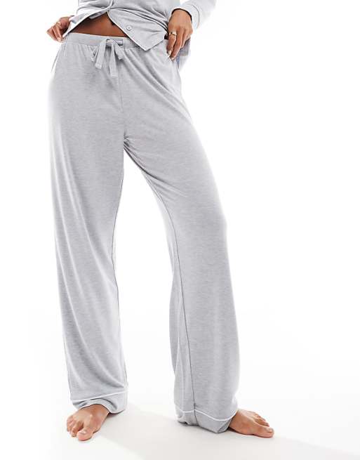 DESIGN Super Soft Long Sleeve Shirt & Trouser Pyjama Set With Contrast Piping In Grey Marl