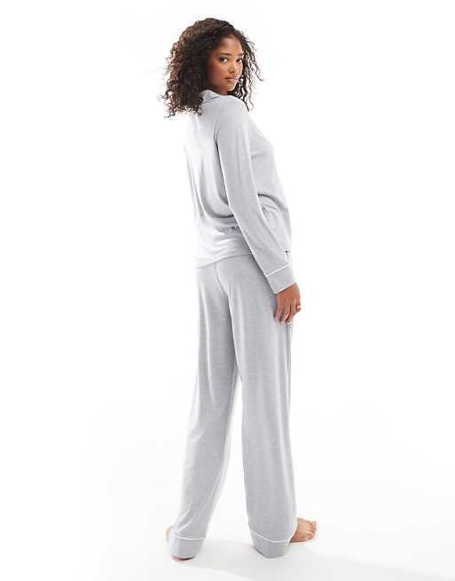 DESIGN Super Soft Long Sleeve Shirt & Trouser Pyjama Set With Contrast Piping In Grey Marl